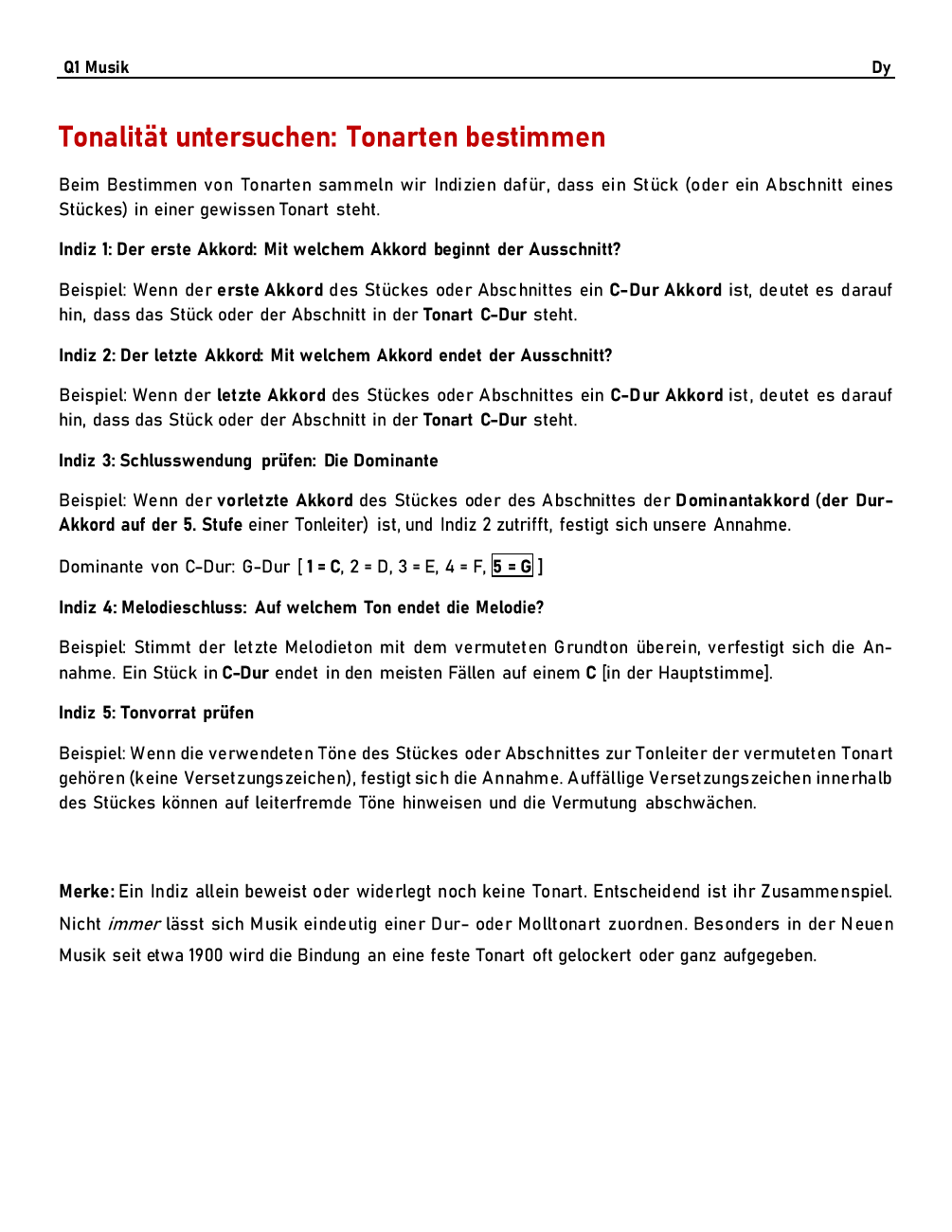 Fahrplan Tonalität untersuchen: erster Akkord, letzter Akkord, Dominante, Melodieschluss und Tonvorrat. Vollständiger Text in der verlinkten PDF.